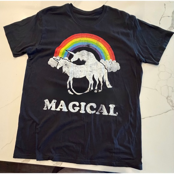 Gildan Other - Magical Unicorn Rainbow Graphic T-Shirt Mens XL Black Cotton Funny Tee